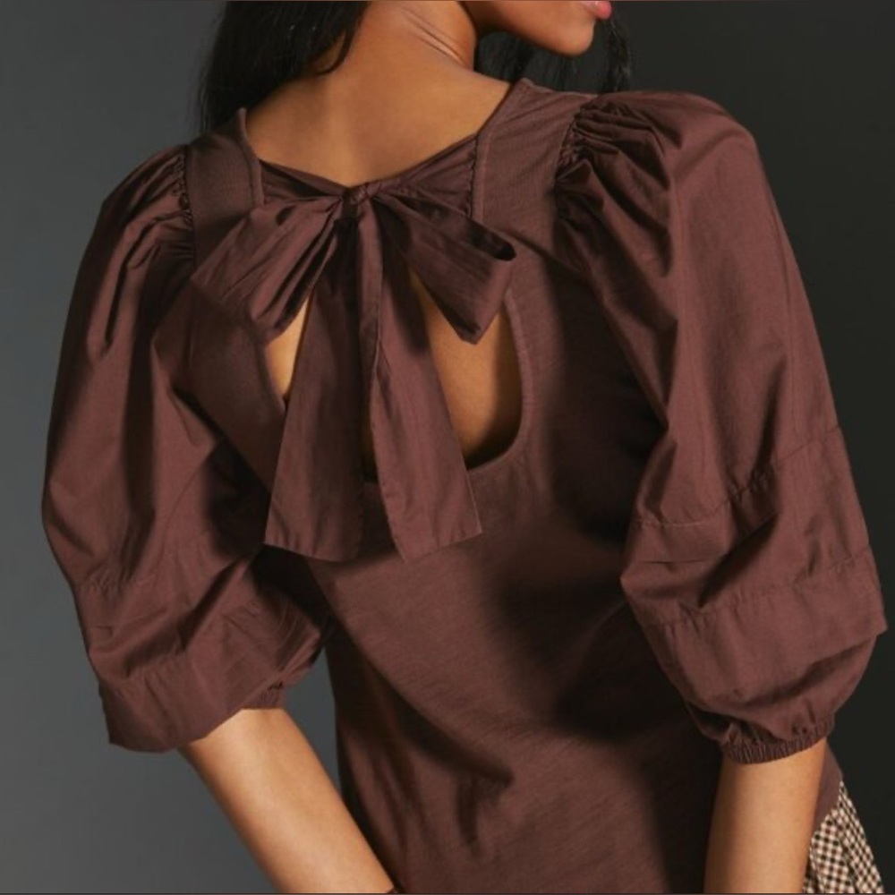 Nation LTD Ruby Puff Sleeve Back Bow Top | Cocoa Brown‎ Feminine Romantic Blouse